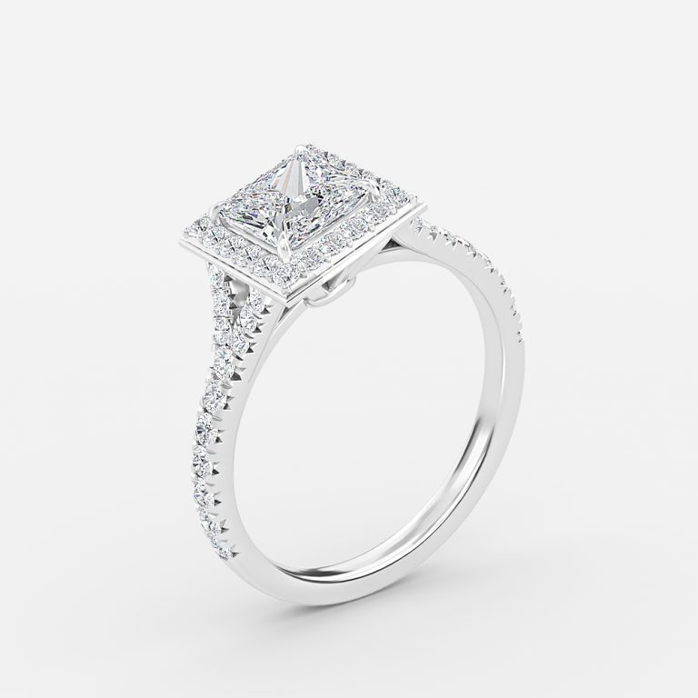 white-gold princess cut with a diamond halo