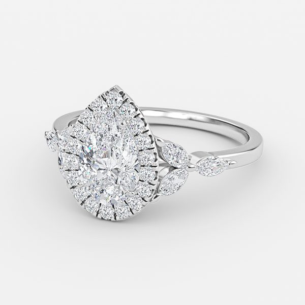 pear lab created diamond halo rings